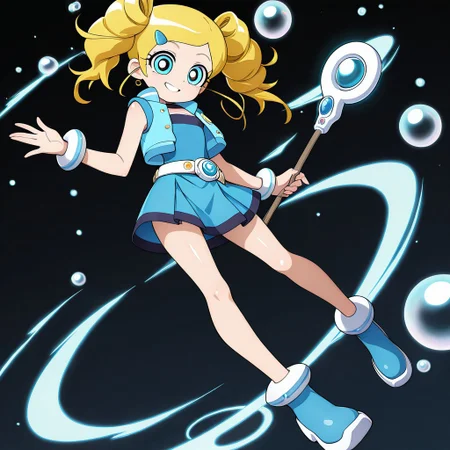 masterpiece, best quality, amazing quality, very aesthetic, absurdres, newest,shiny skin,, anime screenshot, xdive, anime coloring, black background, solo, full body, ppgzmiyako, rollingbubbles, belt, blue shirt, strapless, blue skirt, blue vest, Stick, bubbles, smile