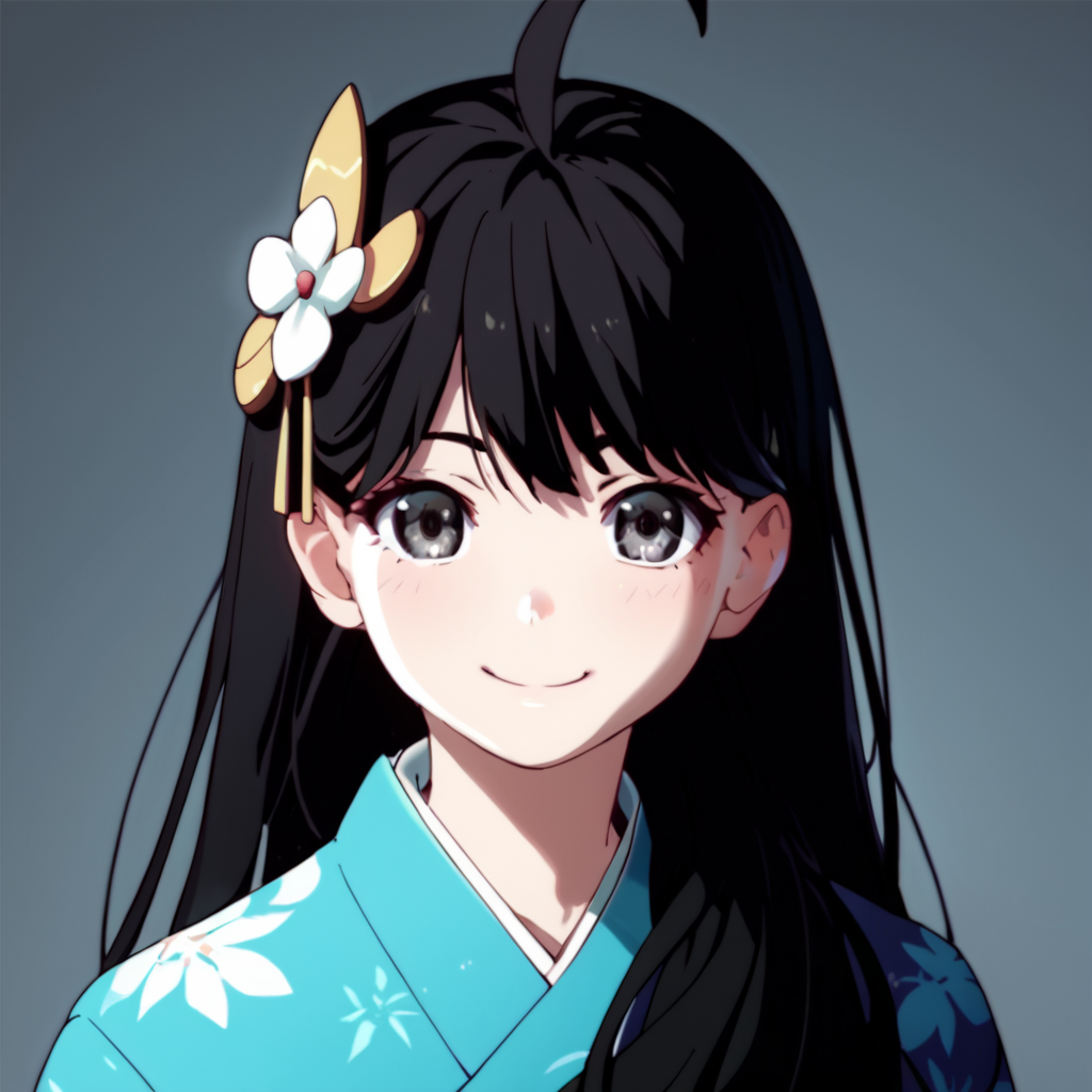 score_9, score_8_up, score_7_up, score_6_up, score_5_up, score_4_up, source_anime, , Karen, very long hair, ahoge, black hair, hair ornament, black eyes, Kimono, , soft smile, portrait