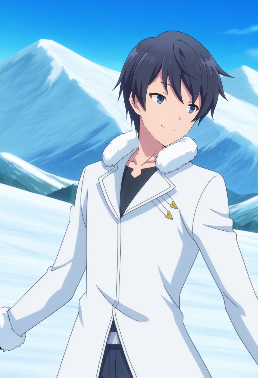 masterpiece, best quality, intricate details, anime screencap, , ,, 1boy, solo, male focus, <lora:touya_mochizuki_ilxl:0.98>, touya_mochizuki, black hair, blue eyes, , upper body, snowy mountain, day, sunny, standing on one leg, seductive smile,