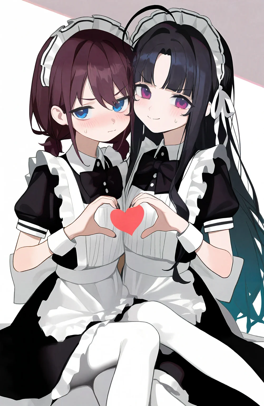 long_hair, looking_at_viewer, blush, smile, blue_eyes, multiple_girls, brown_hair, black_hair, dress, bow, ribbon, closed_mouth, 2girls, twintails, purple_eyes, ahoge, hair_ribbon, short_sleeves, heart, pantyhose, puffy_sleeves, bowtie, sweatdrop, black_dress, apron, wrist_cuffs, maid, maid_headdress, black_nails, white_apron, short_twintails, white_pantyhose, maid_apron, frilled_apron, heart_hands