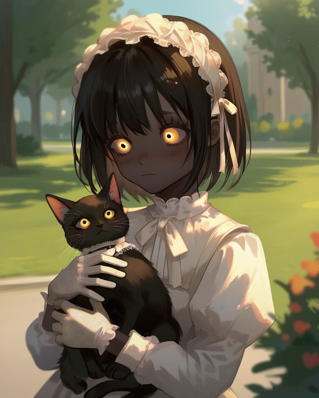 score_9, score_8_up, score_7_up, park, 1girl, dress,  eveyuno, upper body, blurred background,  gloves, holding cat, blush, yellow eyes, black skin, <lora:eveyuno:0.8>