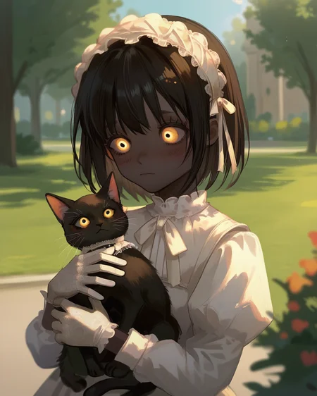 score_9, score_8_up, score_7_up, park, 1girl, dress, eveyuno, upper body, blurred background, gloves, holding cat, blush, yellow eyes, black skin, <lora:eveyuno:0.8>