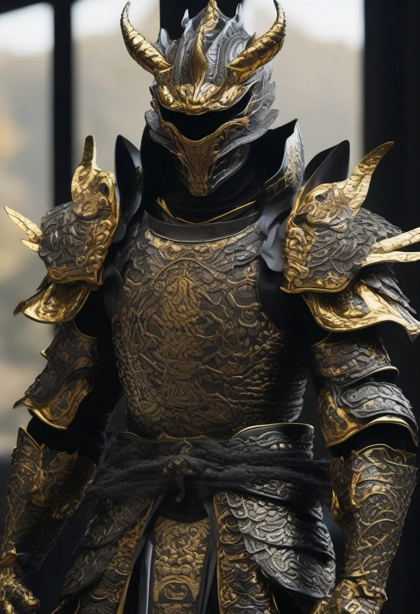 samurai dragon, glowing eyes, body wearing shiny satin black and silver metal samurai armor,intricate ornate weaved gold filiegree, fine detail, extremely detailed, unreal engine