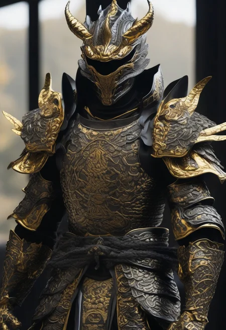 samurai dragon, glowing eyes, body wearing shiny satin black and silver metal samurai armor,intricate ornate weaved gold filiegree, fine detail, extremely detailed, unreal engine