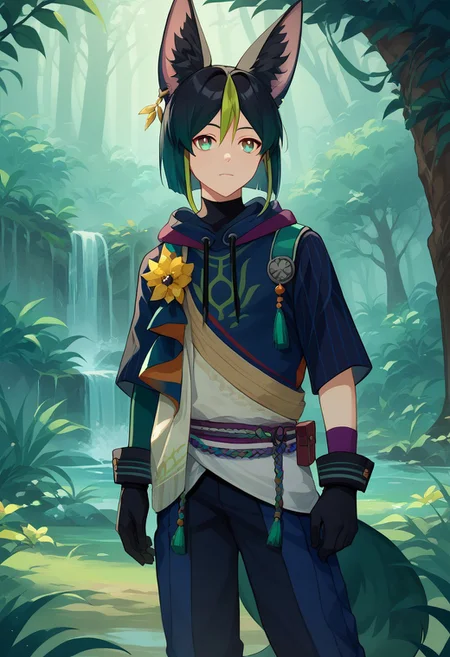 score_9, score_8_up, score_7_up, source_anime, highly detailed,
Tighnari, 1boy, male focus, solo, fox boy, animal ears, animal ear fluff, fox ears, fox tail, multicolored hair, streaked hair, blunt ends, hair between eyes, black hair, green hair, bangs, green eyes, multicolored clothes, hoodie, hood, blue hoodie, drawstring, asymmetrical sleeves, gloves, black gloves, pants, blue pants,
outdoor, rainforest,