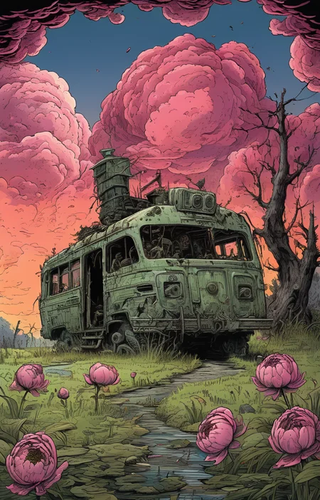 masterpiece,best quality,<lora:tbh279-sdxl:0.9>,illustration,style of Rob Rogers decaying peonies