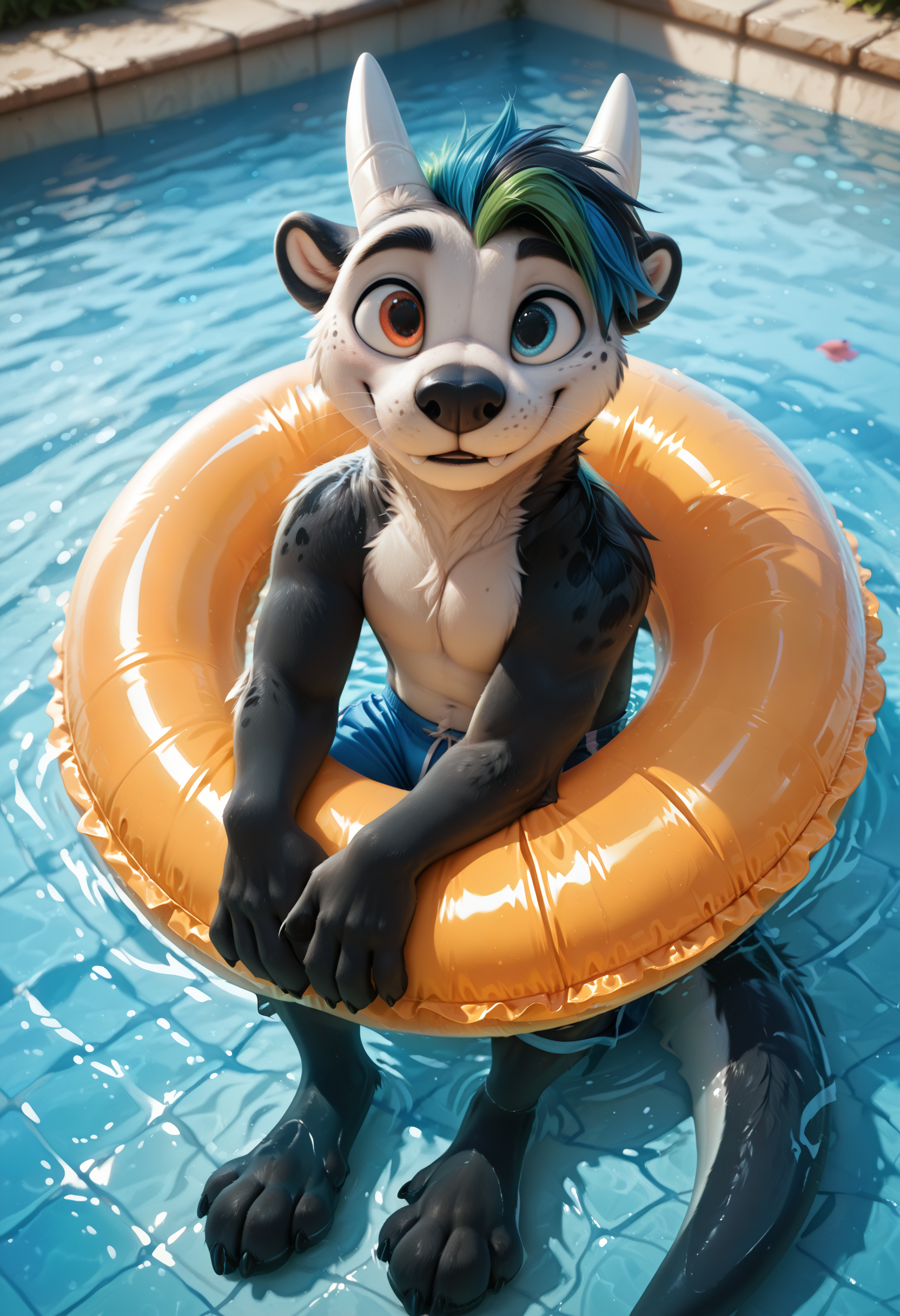 photorealism, photorealistic, detailed fur,  looking at viewer,  male, 1boy, solo, dragotter, otter, black body fur, short muzzle, white muzzle, adult, small ears, claws, heterochromia, horns, furry, anthro, solo, blue shorts, fangs, lying in water, splashes, sound effect, 4 fingers,   water, outdoors, swimming pool, partially submerged, glistening, looking at another, hands on swim ring, swim ring, day, in water, swim with swim ring, joy, happy, smile,   (syuro:0.8), (nomax:0.5), (honovy:0.6), (kenket:0.6), (taran fiddler:0.6), masterpiece, best quality, amazing quality, very aesthetic, absurdres, newest,