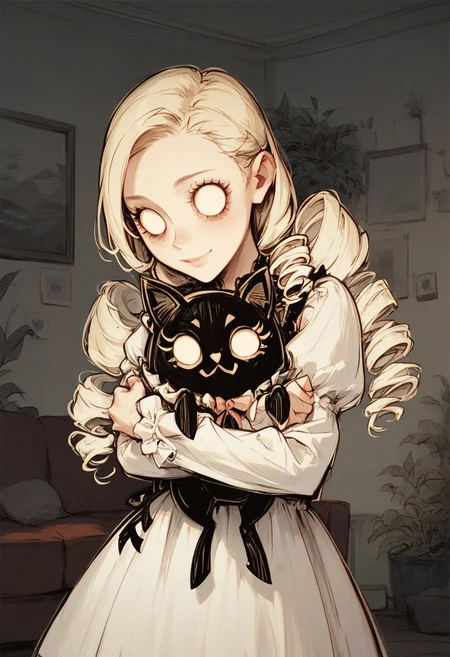 1girl, 1animal, cute blond girl is hugging a black cat, long hair, dress, drill hair, indoor, living room, blank eyes, looking at viewer, dontstarvestyle, <lora:dontstarvestyleV2:0.9>, score_9, score_8_up, score_7_up,