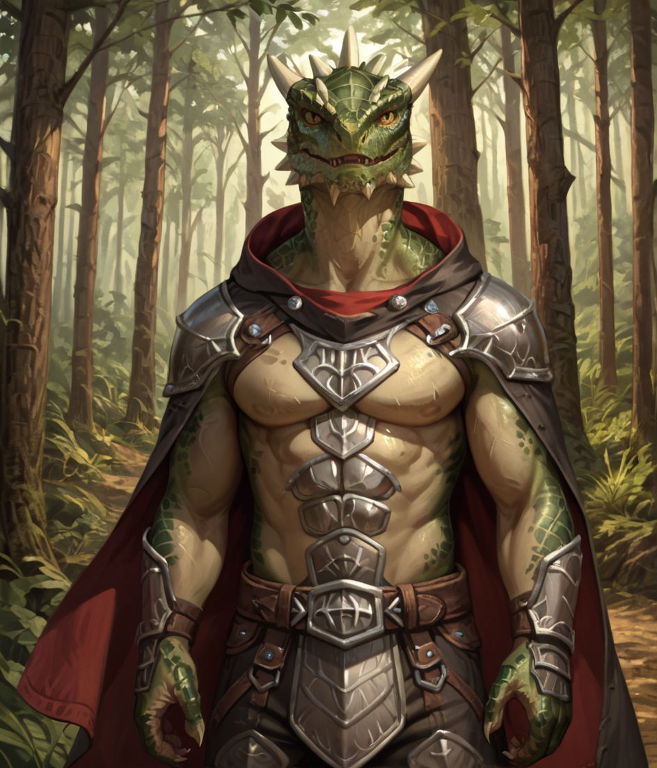 score_9_up,score_8_up,score_7_up,score_6_up,score_5_up,score_4_up, detailed, (best quality:1.2), hi res, digital media \(artwork\), source_furry, source_monster, BREAK,
forest, armor, clothes, cape, hood, standing, front view,
arg0nian, [argonian], scalie, reptile, scales, horns, jaw spikes, spikes,  muscular
<lora:Argonian for PonyXL:0.7>, <lora:Oouna_Style_V2_PonyXL:0.3>, <lora:honovy-20:0.3>