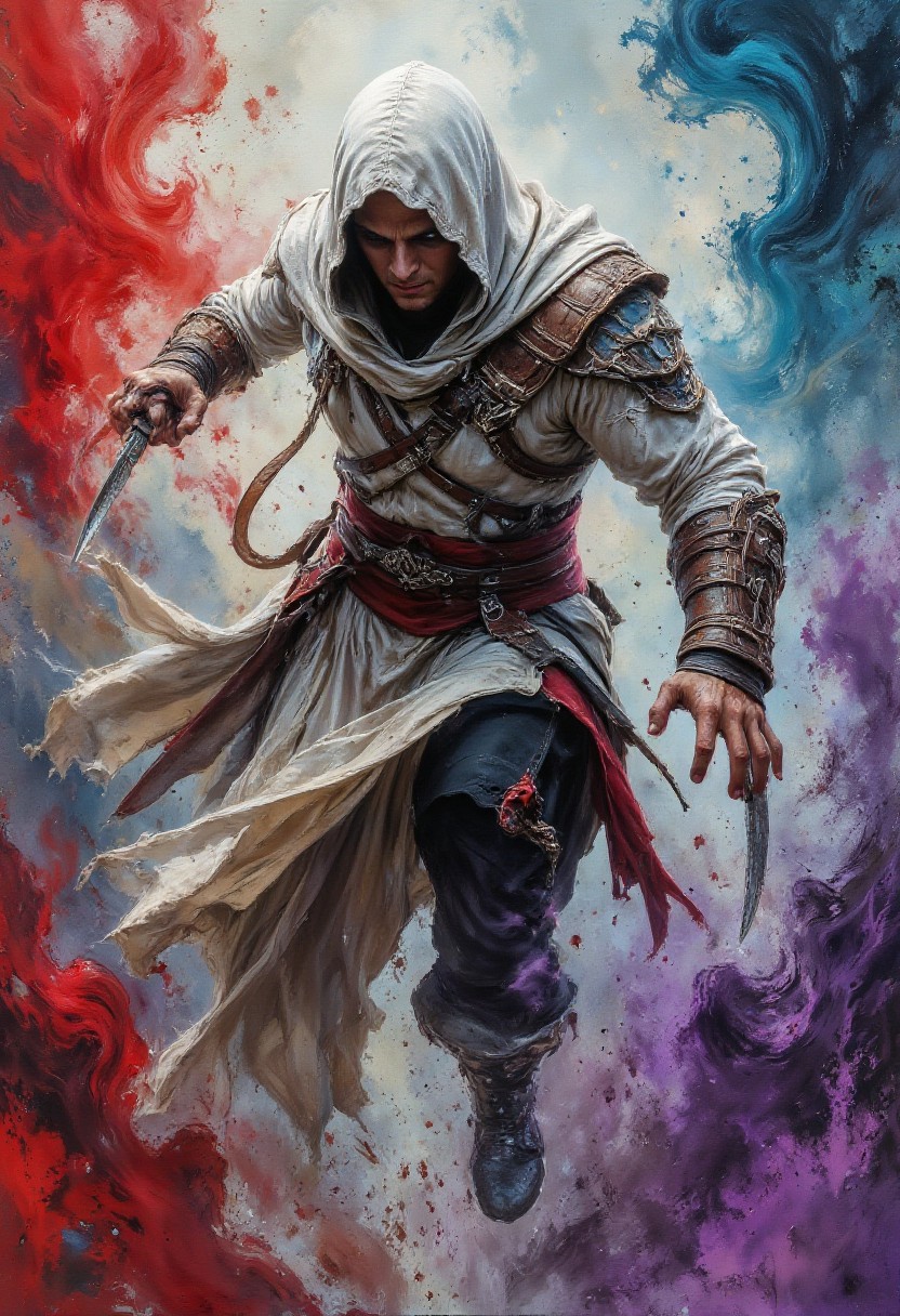 Cinematic style, Illustration, close-up,
Painting of Altaïr Ibn-La'Ahad, An action-packed scene of a hooded assassin in a flowing white cloak, mid-leap as they perform an acrobatic attack. The assassin is dressed in detailed armor with hidden blades extended from their wrists, their face partially obscured by the hood. The background is a swirl of vibrant colors, including bold reds, blues, purples, and greens, creating a sense of energy and motion. The swirling colors mimic a painterly, abstract style, blending together with brushstroke effects, giving the scene a dynamic and chaotic atmosphere. The assassin's movement contrasts with the surrounding splashes of paint, as though they are emerging from the colors, with the abstract background blending into their form. The image has a rich, impressionistic quality with high attention to the play of light, shadow, and motion, drawing the viewer's eye to the character while keeping the background expressive and bold.