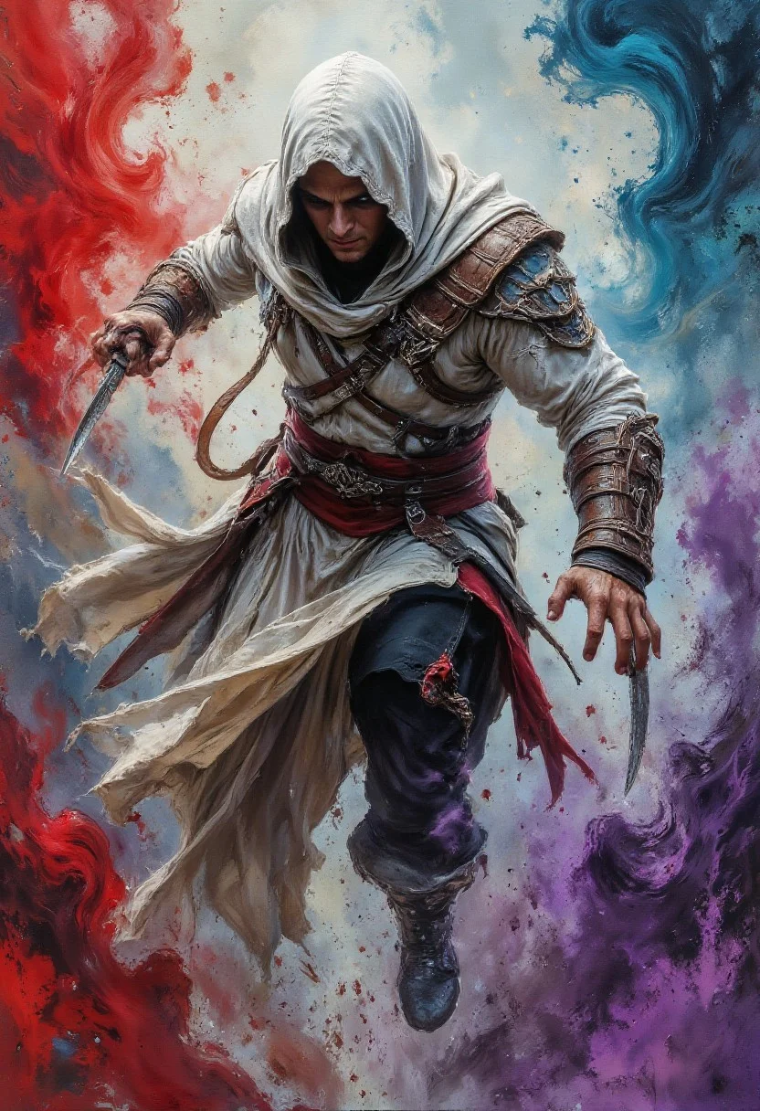 Cinematic style, Illustration, close-up,
Painting of Altaïr Ibn-La'Ahad, An action-packed scene of a hooded assassin in a flowing white cloak, mid-leap as they perform an acrobatic attack. The assassin is dressed in detailed armor with hidden blades extended from their wrists, their face partially obscured by the hood. The background is a swirl of vibrant colors, including bold reds, blues, purples, and greens, creating a sense of energy and motion. The swirling colors mimic a painterly, abstract style, blending together with brushstroke effects, giving the scene a dynamic and chaotic atmosphere. The assassin's movement contrasts with the surrounding splashes of paint, as though they are emerging from the colors, with the abstract background blending into their form. The image has a rich, impressionistic quality with high attention to the play of light, shadow, and motion, drawing the viewer's eye to the character while keeping the background expressive and bold.