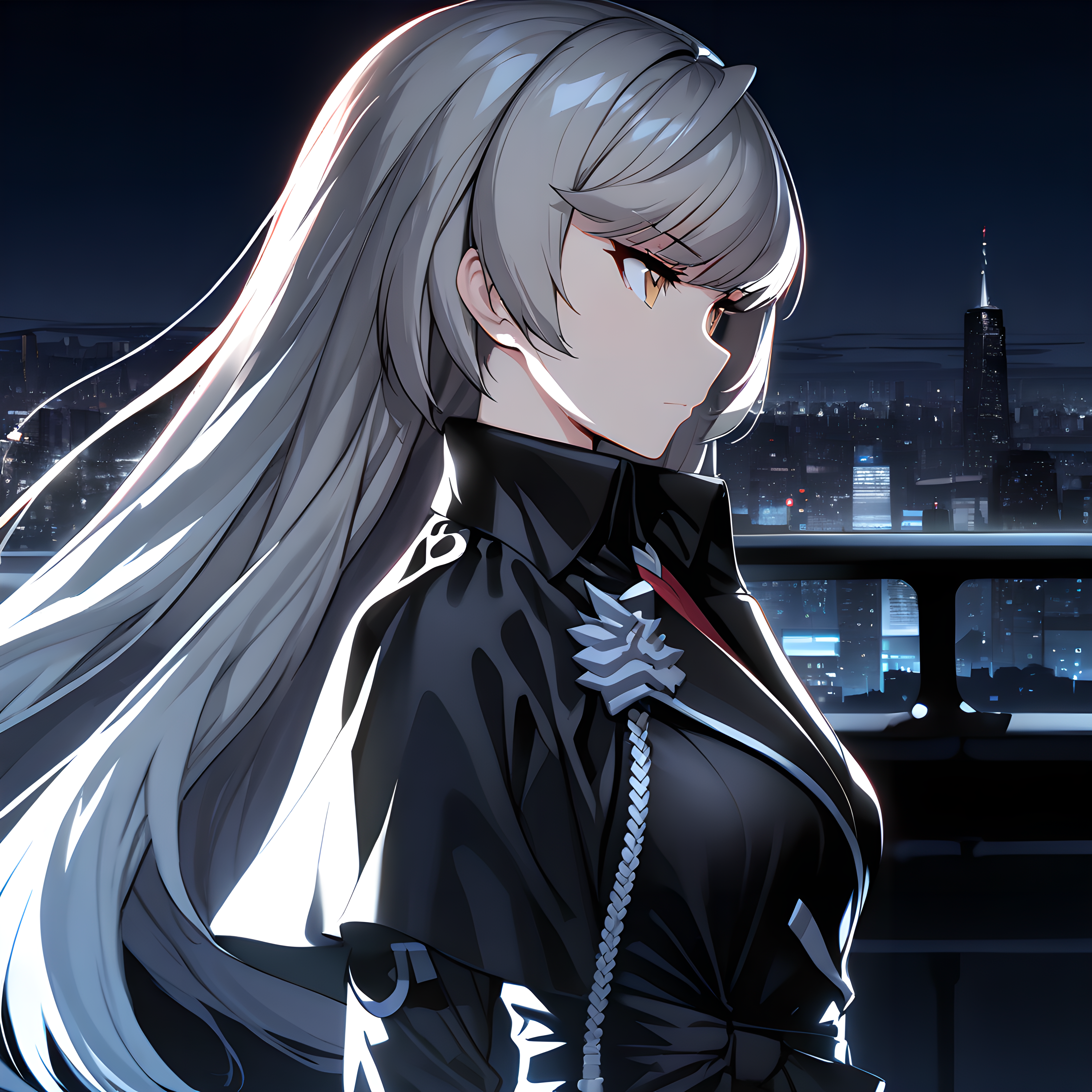 (masterpiece),(best quality),(ultra-detailed),(best illustration),(best shadow),(absurdres),(detailed background),(very aesthetic)hilde, fenrirsquad, 1girl, solo, long hair, night, closed mouth, bangs, city lights, upper body, breasts, from side, <lora:Hilde_-_CounterSide_SDXL_Animagine_XL_3.1:1>