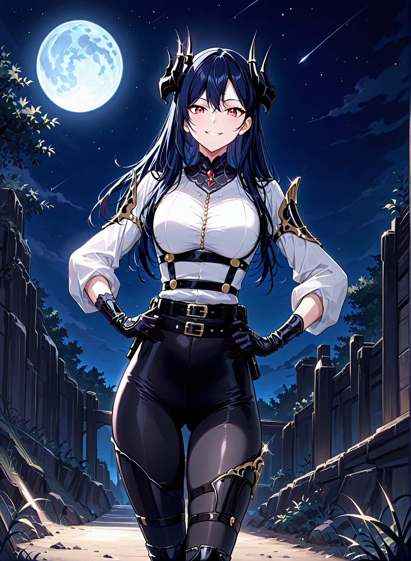 <lora:Caera_Denoir__The_Beginning_After_the_End__Illustrious (1):1>
Caera Denoir, 1girl, solo,dark blue hair, long hair, intricate demon horns, red eyes, tight white blouse with golden buttons, , high-waisted black fitted pants, black gloves, black high-heeled boots, gothic armored shoulder pad, 
score_9, score_8_up, score_7_up, very aesthetic, source_anime, detailed, high quality, beautiful, masterpiece, very aesthetic, high definition, amazing quality, highres, absurdres, outdoors, looking at viewer, smile, grin, hands on hips, night, blue moon