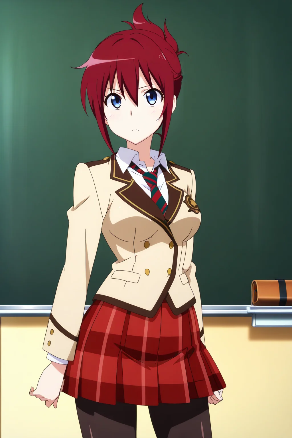 anime screenshot, anime coloring, sakurai aoi, 1girl, solo, red hair, folded ponytail, blue eyes, medium breasts, school uniform, blazer, brown jacket, white shirt, collared shirt, long sleeves, red skirt, plaid skirt, pleated skirt, blue necktie, red necktie, two-tone necktie, striped necktie, black pantyhose, looking at viewer, standing, cowboy shot, indoors, classroom, chalkboard, masterpiece, best quality, high quality, highres, absurdres, <lora:sakurai_aoi_ILXL_v2:0.9>