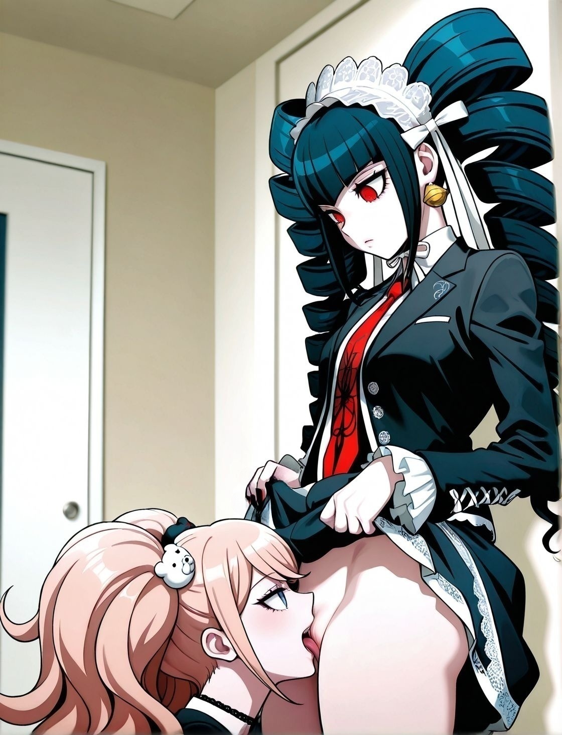 masterpiece, best quality, newest, absurdres, highres, detailed eyes, beautiful, detailed background, perfect eyes, anime coloring, anime screencap,
6.standing cunnilingus, yuri,
<lora:Cunnilingus_in_piledriver:0.8>Cunnilingus_in_piledriverV1.
oral,skirt lift,skirt,
2girls,multiple girls,
clothes lift,cunnilingus,
no panties,standing cunnilingus,
 celestia ludenberg,
enoshima junko, 
danganronpa (series),official art, 
25YO,adult couple,milf,