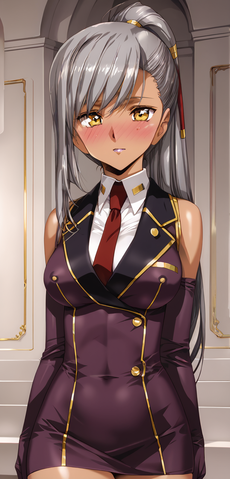 1girl, masterpiece, highres, high quality,
score_9, score_8_up, score_7_up, score_6_up, source_anime,
(mature female),  
BREAK
indoors, (blush:2),  seductive smile, smile
covered nipples, 
BREAK
BREAK
VillettaNu,dark skin,dark-skinned female,grey hair,long hair,yellow eyes,lips,
necktie,purple elbow gloves,ponytail,purple uniform,black pencil skirt,black thighhighs,<lora:Urushihara Satoshi_XL_PONY_V2:0.9>,<lora:ã´ã£ã¬ãã¿ï¼:0.8>
