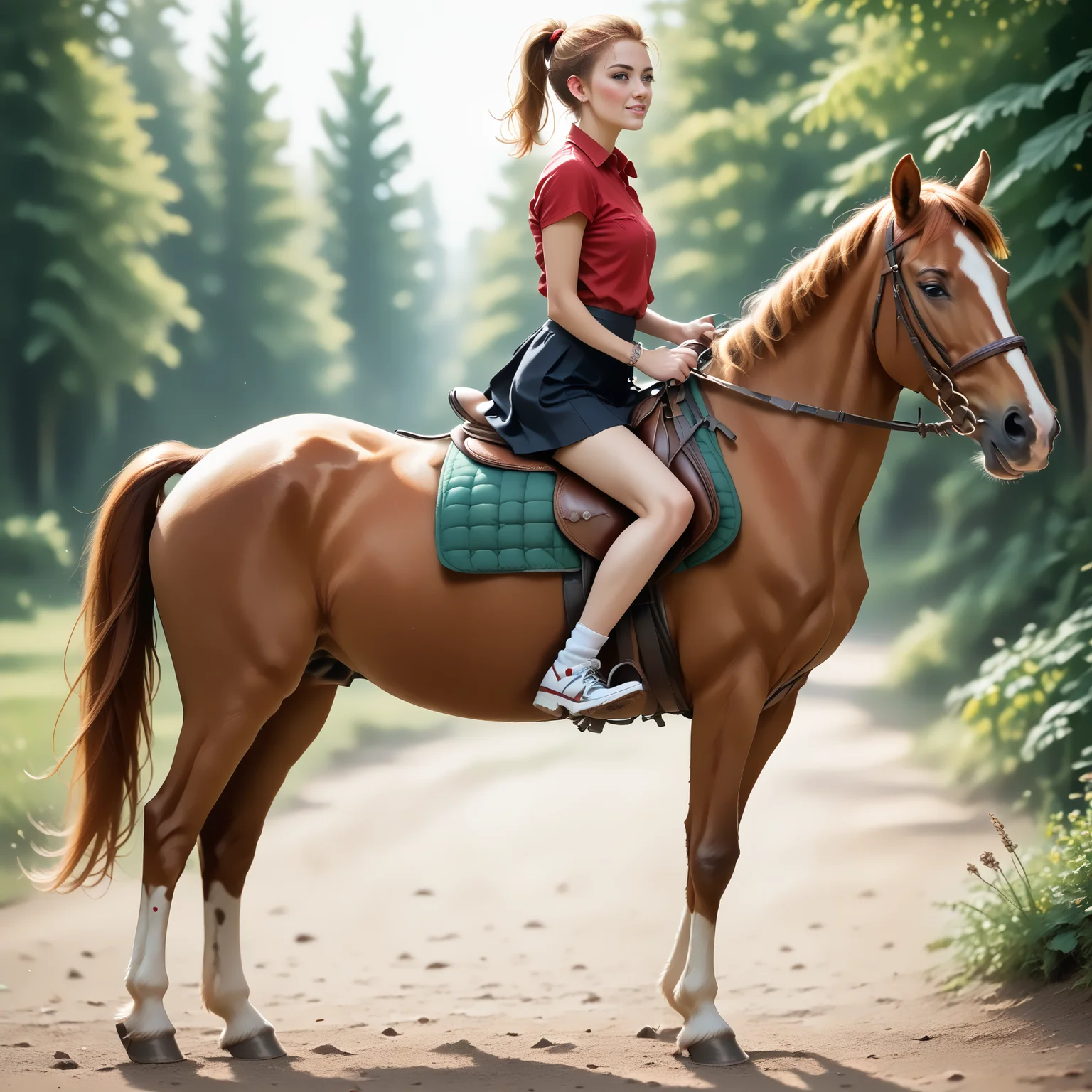 score_9, score_8_up, score_7_up, BREAK, RiHorse, side_view++ (slim 25yo female) riding a horse. The female wears red short skirt and red shirt. The female has short blonde ponytail <lora:RideHorsePony:.8>