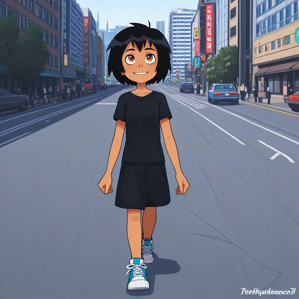 PeniP, black hair, short hair, brown eyes, Triplevexx Style, 1girl, solo.
san andreas, city, street, buildings.
random clothes, sneakers, character on the sidewalk, walking.
highway, people.
very aesthetic, best quality, high resolution.
looking up, smiling.