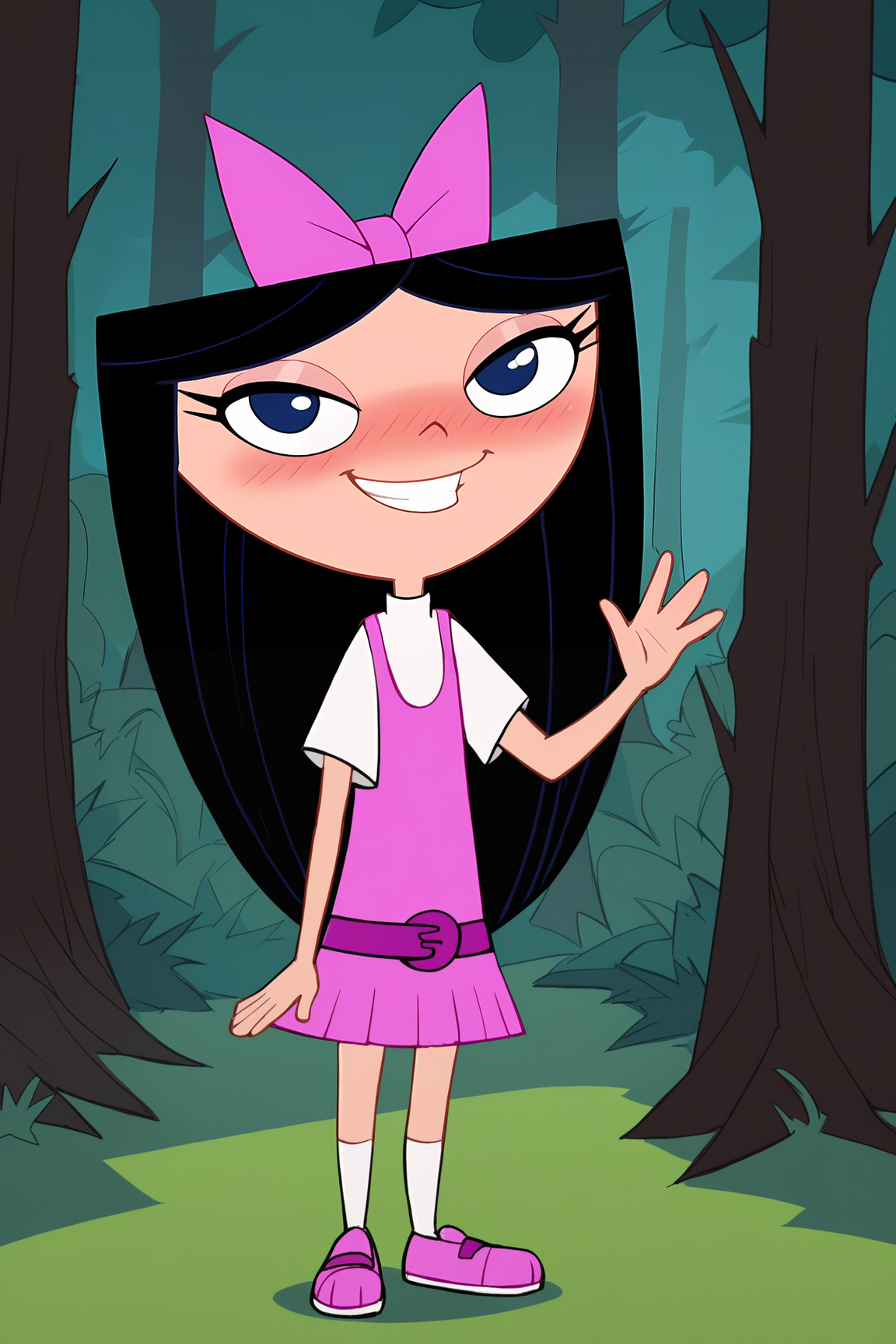 score_9, score_8_up, score_7_up, score_6_up, BREAK, IsabellaPFPXL, shortstack, blue eyes, black hair, long hair, hair bow, pink bow, flat chest, white shirt, pink dress, purple belt, pink skirt, white socks, pink shoes, solo, full body, standing, waving, seductive smile, looking at viewer, naughty face, nose blush, forest, tree <lora:IsabellaPFPXL:1>
