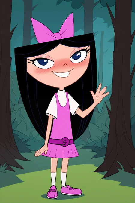 score_9, score_8_up, score_7_up, score_6_up, BREAK, IsabellaPFPXL, shortstack, blue eyes, black hair, long hair, hair bow, pink bow, flat chest, white shirt, pink dress, purple belt, pink skirt, white socks, pink shoes, solo, full body, standing, waving, seductive smile, looking at viewer, naughty face, nose blush, forest, tree <lora:IsabellaPFPXL:1>