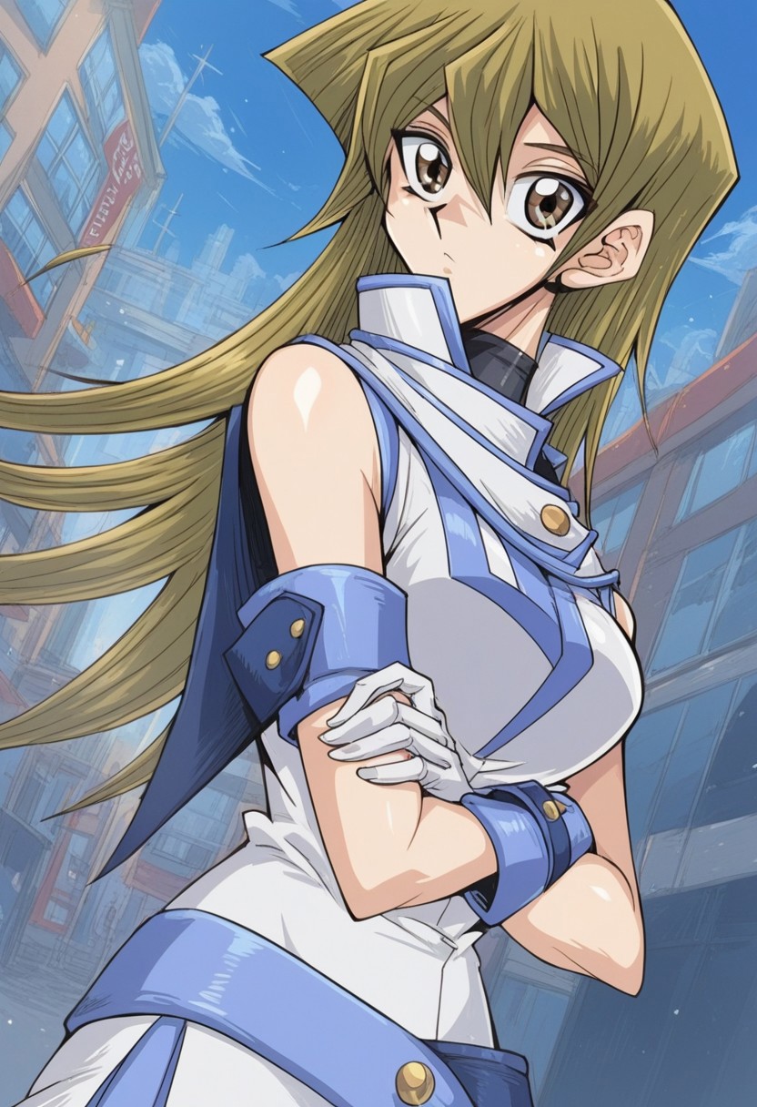 score_9,score_8_up, score_7_up, source_anime, 1girl, <lora:alexisrhodes.pony:1>,alexisrhodes,dark blonde hair,long hair,white skirt, white jacket,sleeveless,belt,white boots,white gloves,bare shoulder, shiny skin, looking at viewer, shiny skin, standing, looking at viewer, cross arms, city, city street, solo, cowboy shot, dutch angle