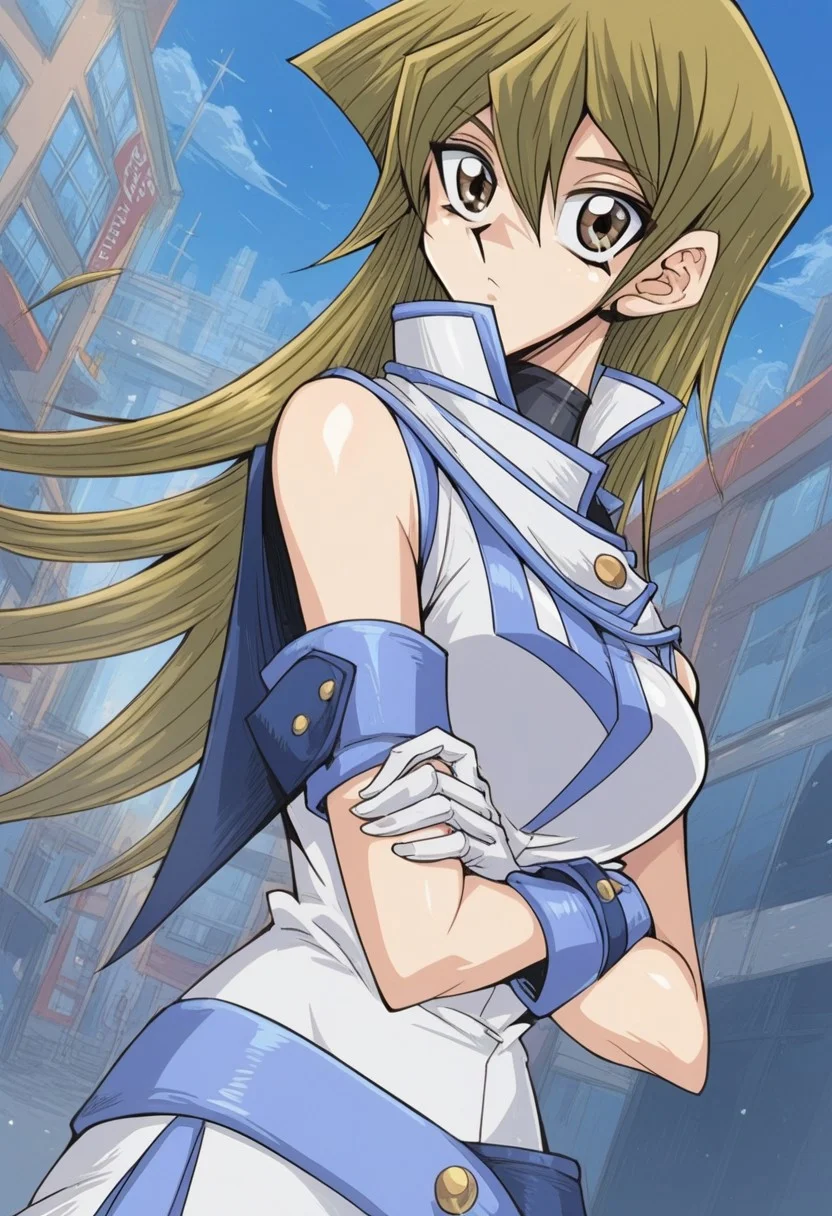 score_9,score_8_up, score_7_up, source_anime, 1girl, <lora:alexisrhodes.pony:1>,alexisrhodes,dark blonde hair,long hair,white skirt, white jacket,sleeveless,belt,white boots,white gloves,bare shoulder, shiny skin, looking at viewer, shiny skin, standing, looking at viewer, cross arms, city, city street, solo, cowboy shot, dutch angle