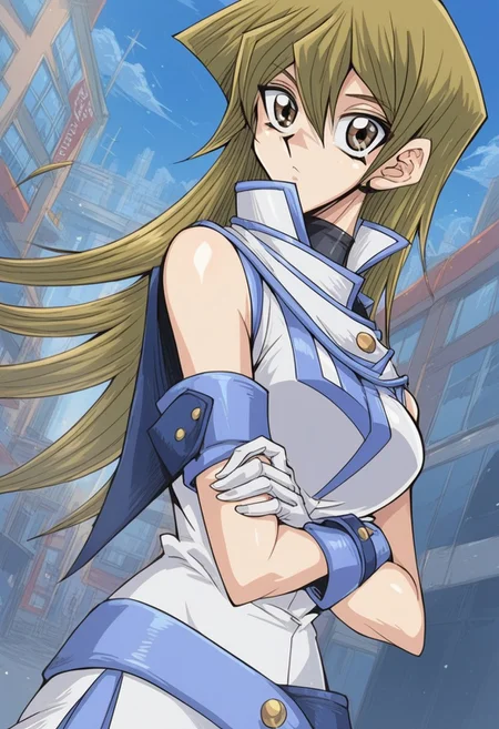 score_9,score_8_up, score_7_up, source_anime, 1girl, <lora:alexisrhodes.pony:1>,alexisrhodes,dark blonde hair,long hair,white skirt, white jacket,sleeveless,belt,white boots,white gloves,bare shoulder, shiny skin, looking at viewer, shiny skin, standing, looking at viewer, cross arms, city, city street, solo, cowboy shot, dutch angle