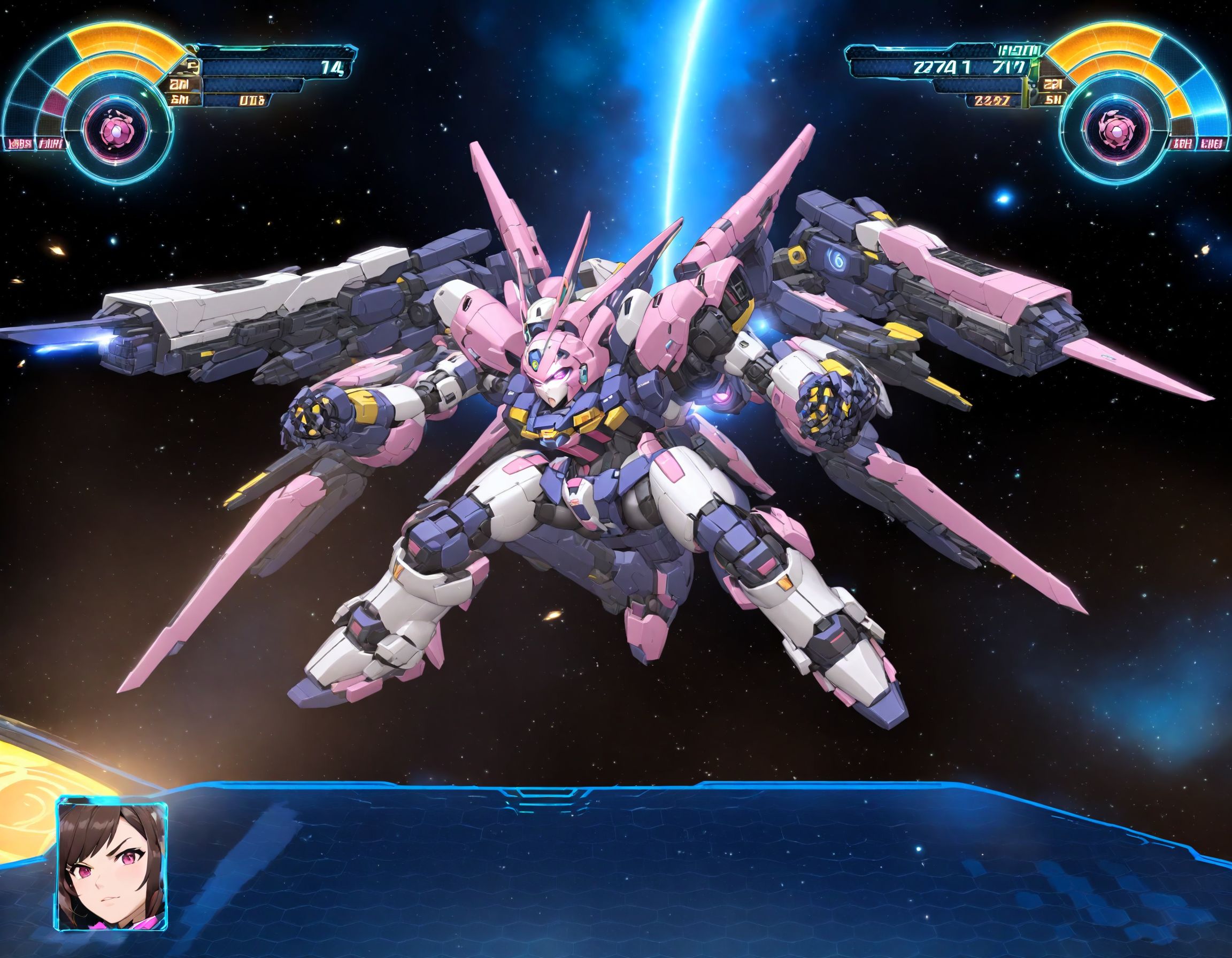 "0599", high quality, A strategic space combat scene in a mecha game interface, showcasing the iconic D.Va from Overwatch in place of the traditional mecha. The HUD displays D.Va's signature mech, rendered in meticulous detail and vibrant colors, ready for action with high HP and energy levels underscoring its formidable capabilities. The backdrop of the serene cosmos starkly contrasts with the impending high-tech battle, capturing the essence of Overwatch's dynamic combat within a strategic game setting,  <lora:rw99-000028:0.75>
