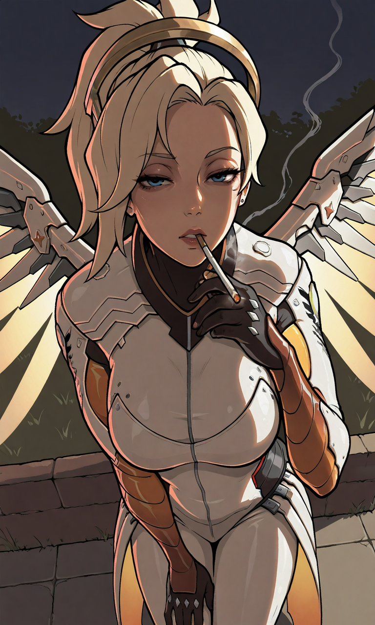 embedding:IllusP0s, GTASA-LS-ILV1.0, mercy_\(overwatch\), headpiece, white bodysuit, smoking cigarette, contrast lighting, outdoors, night, looking at viewer, from above, half-closed eyes, wings,<lora:GTA_SA_Style_-_IL-000014.safetensors:1.0:1.0>