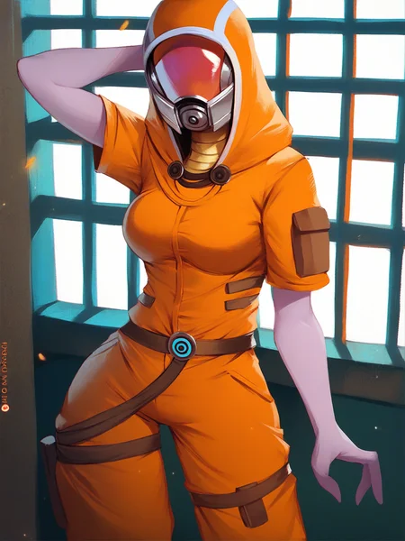 score_9, score_8_up, score_7_up, score_6_up, score_5_up, score_4_up, source_anime, by kos, tali, (tali'zorah, quarian:1.2), 1girl, solo, breasts, 3 fingers, (helmet, faceless), thigh gap, wide hips, clothing, clothed, fully clothed, prison, prisoner, (orange jumpsuit, orange bodysuit, orange clothing, orange hood, orange helmet, orange visor:1.4)
<lora:talizorah_pdxl_:0.8>