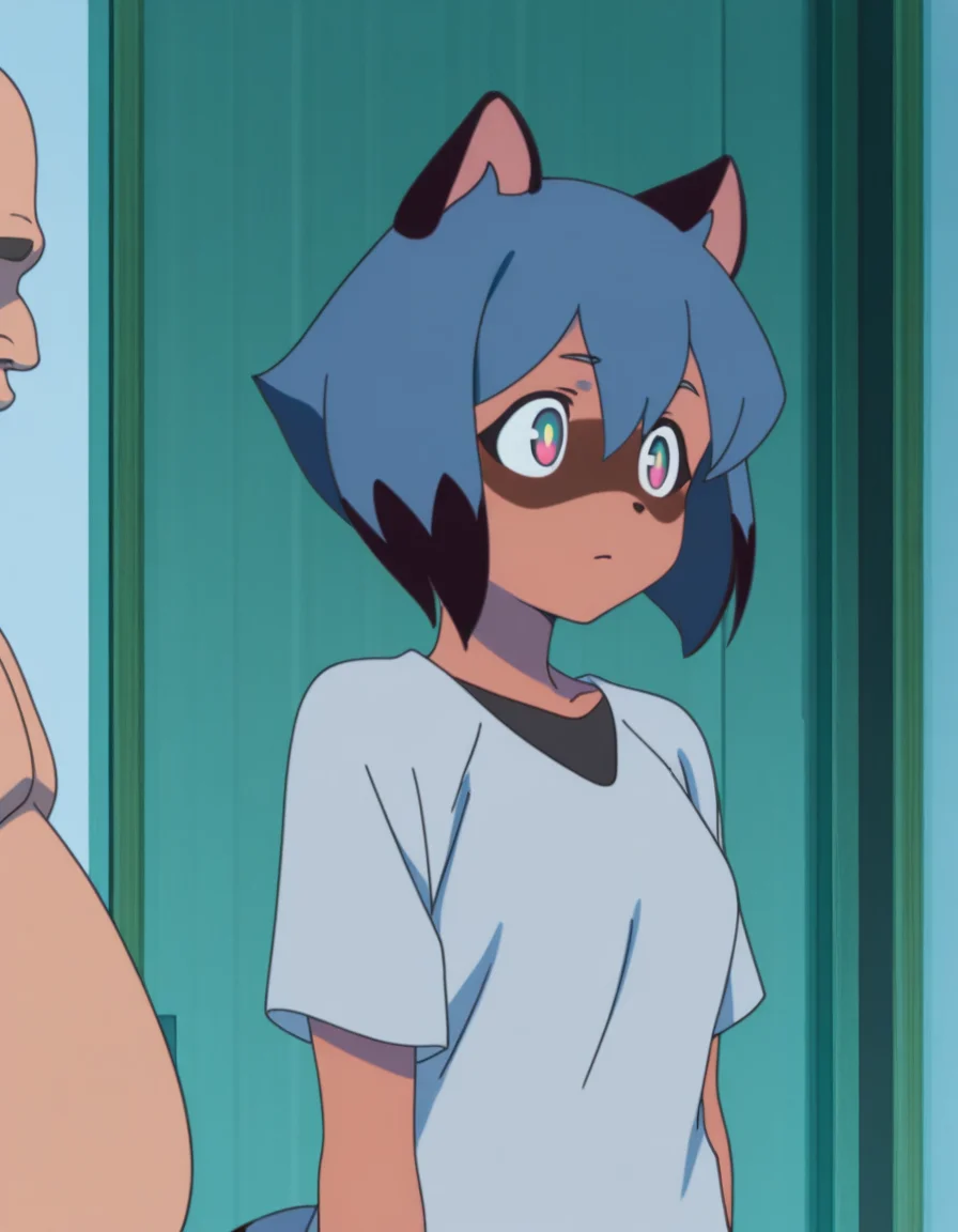 masterpiece, best quality, amazing quality,, <lora:michiru-kagemori-s1-illustriousxl-lora-nochekaiser:1>, michiru kagemori, short hair, black hair, animal ears, blue hair, multicolored hair, furry, furry female, raccoon ears, body fur, raccoon girl, raccoon tail, tail, mature female, small breasts, anime screencap, <lora:faceless-ugly-man-illustriousxl-lora-nochekaiser:1>, faceless ugly man, faceless, ugly man, fat, faceless male, fat, bald, mature male,,