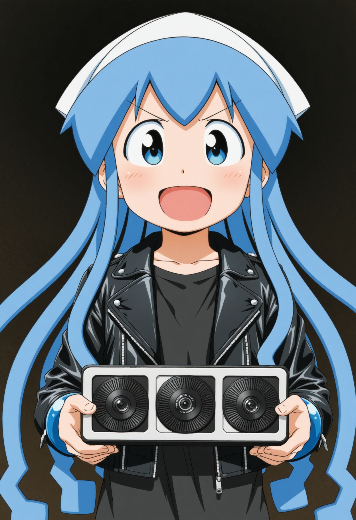 <lora:dmd2_sdxl_4step:1>, 1girl, ikamusume, <lora:ikmsm_illustrious_v3:0.9> ikmsm, (leather jacket, black shirt:1.5), aged down,
v-shaped eyebrows, doyagao, smile, open mouth, looking down,
standing, holding long graphics card, upper body, dark background, 2fans,
general, masterpiece, best quality, very aesthetic, absurdres, anime coloring,