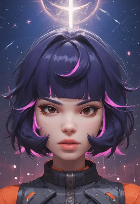 (score_9, score_8_up, score_7_up), g0thicPXL, glowing, neon, WarcraftStyle, masterpiece, best quality, highly detailed, intricate details, extremely detailed, smooth lines, masterpiece, no text, quality highlights, 8k detail, detailed background, waist-up portrait, (((pastel colors, high contrast,expressiveh,)))
...
1woman, (((Juno (overwatch), purple hair, multicolored hair, pink hair,)))), adult, mature, (((floating in zero gravity))), (sexy pose), (perky breasts, slender figure, cute butt)
...
(Space background, starry sky, detailed background, artistic and intricate background)