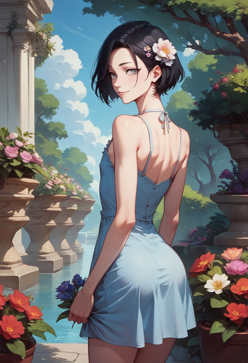 score_9, score_8_up, score_7_up, 1boy, femboy, otoko no ko, short hair, bob cut hair, black hair, grey eyes, gray eyes, feminine face, toned body, Shelly, azure sundress, bare shoulders, bare neck, slight smile, looking back at viewer, highly detailed, intricate, zzCitronCAT, from behind, flower in hair, holding flowers, garden, outdoors, sunny, cowboy shot, solo