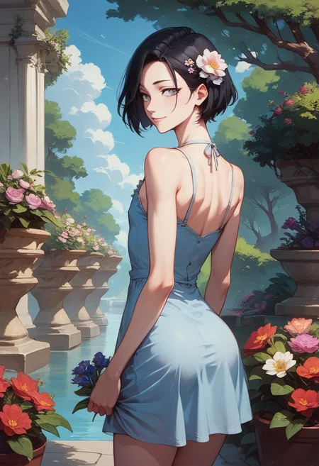 score_9, score_8_up, score_7_up, 1boy, femboy, otoko no ko, short hair, bob cut hair, black hair, grey eyes, gray eyes, feminine face, toned body, Shelly, azure sundress, bare shoulders, bare neck, slight smile, looking back at viewer, highly detailed, intricate, zzCitronCAT, from behind, flower in hair, holding flowers, garden, outdoors, sunny, cowboy shot, solo