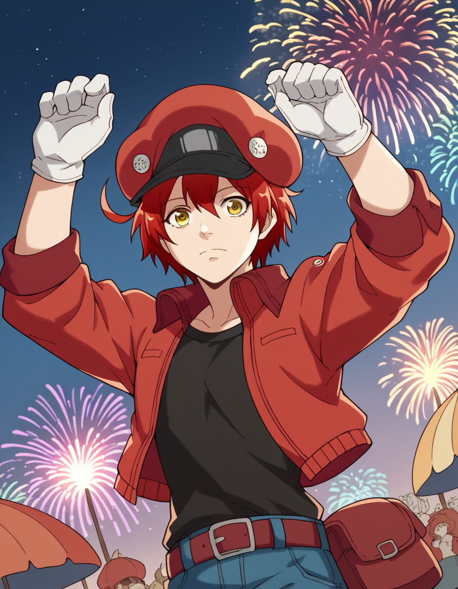 score_9, score_8_up, score_7_up, source_anime, <lora:red-blood-cell-ae3803-s1-ponyxl-lora-nochekaiser:1>, red blood cell ae3803, short hair, hair between eyes, yellow eyes, ahoge, red hair,, shirt, gloves, hat, jacket, belt, pants, white gloves, black shirt, denim, red headwear, red jacket, jeans, cabbie hat,, festival, fireworks, summer night, food stall, traditional, arms up,, , looking at viewer, arm holding an object, solo,, cowboy shot, dutch angle