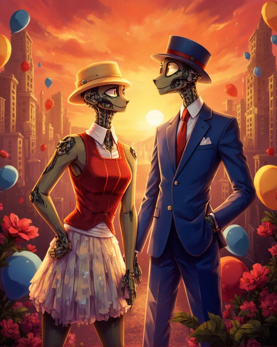 <lora:ck-LttleGhost-000011.safetensors:1> in the style of ck-lttlegh0stIn this captivating artwork, two anthropomorphic robots stand against a vibrant sunset-colored urban backdrop, surrounded by whimsical balloons and blooming flowers. The robot on the left wears a red sleeveless vest with an iridescent white skirt and a beige hat, while the one on the right dons a sharp blue suit with a matching red tie and hat. The intricate details in their attire and the fantastical setting make this piece perfect for collectors of science fiction and fine art alike, ideal for enhancing modern or futuristic-themed interiors with its elegance and surreal touch.