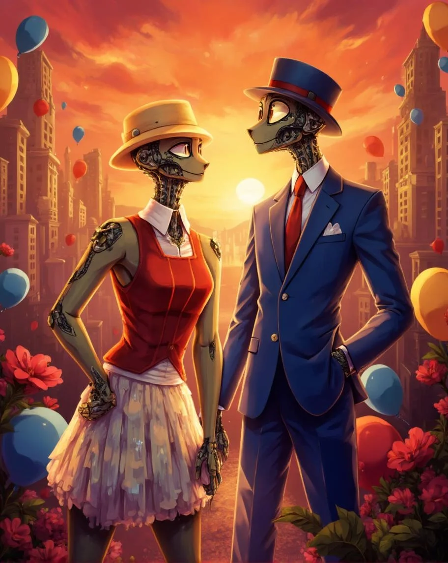 <lora:ck-LttleGhost-000011.safetensors:1> in the style of ck-lttlegh0stIn this captivating artwork, two anthropomorphic robots stand against a vibrant sunset-colored urban backdrop, surrounded by whimsical balloons and blooming flowers. The robot on the left wears a red sleeveless vest with an iridescent white skirt and a beige hat, while the one on the right dons a sharp blue suit with a matching red tie and hat. The intricate details in their attire and the fantastical setting make this piece perfect for collectors of science fiction and fine art alike, ideal for enhancing modern or futuristic-themed interiors with its elegance and surreal touch.