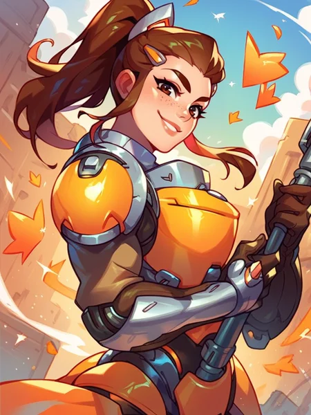 score_9, score_8_up, score_7_up, 1girl, dynamic pose, cowboy shot, looking at viewer, sexy pose, sexually suggestive, light smile, dutch angle, mechanics workshop, from side,
 <lora:ABriggite_character:0.8>, BriggiteXL, brown eyes, brown hair, ponytail, hair pulled back, freckles, hairclip, sidelocks,, power armor, armor, breastplate,, <lora:KajinmanLycoXL:0.7>,