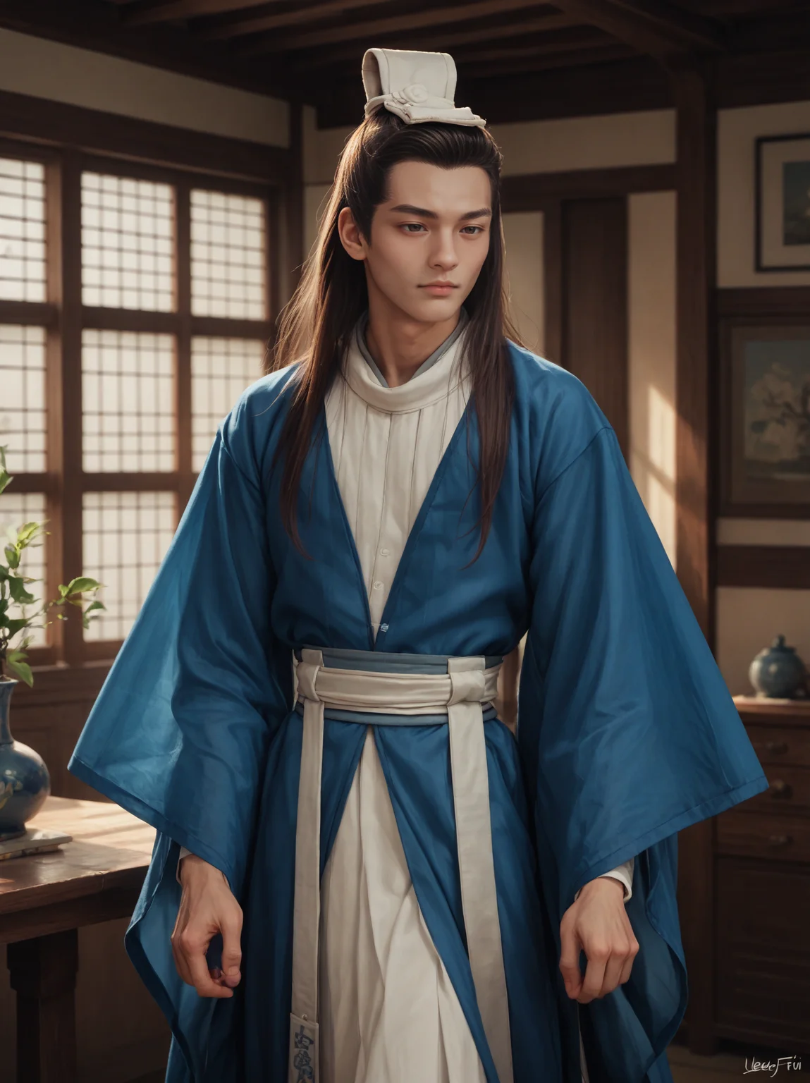 score_9, score_8_up, score_7_up, 1boy, indoors, wide sleeves, long sleeves, blue hanfu, toned, long hair, brown hair, standing, yulexuanb, single bun, bun cover, detailed realistic photo, <lora:yulexuanbluesdxlponyv1:0.75>