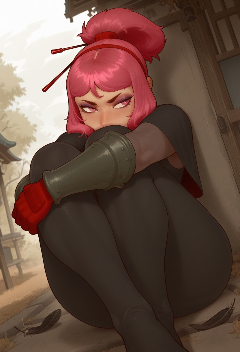 outdoors, undershirt, falling feathers, black bodysuit, hair stick, hugging own legs, , gauntlets,   eyeshadow,   red gloves,  high ponytail,  , black capelet, red hairband, pink eyes, 1girl, solo
 dynamic angle, foreshortening, mrfuga