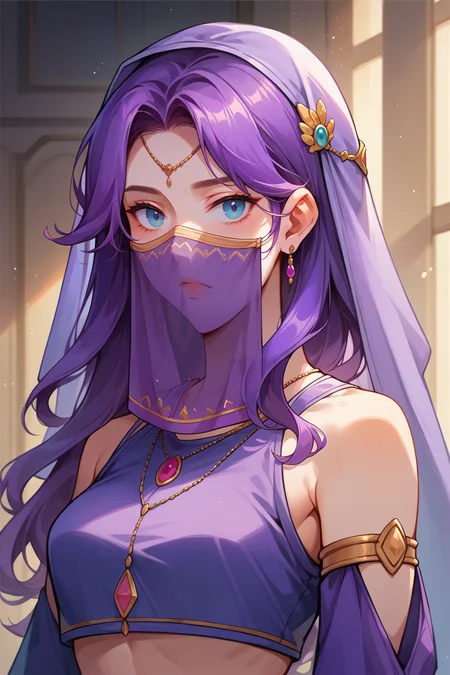 score_9, score_8_up, 1girl, solo, <lora:NSAbigailStardew:1> NSAbigailStardew, purple hair, blue eyes, long hair, parted bangs, (veil, mouth veil), detached sleeves, crop-top