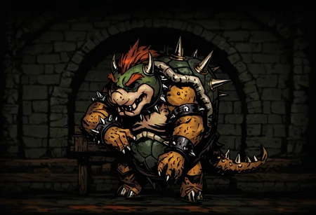 masterpiece, best quality, newest, absurdres, highres,
DDWarrens-BGV1.0, dark, indoors,
DDstyle, official style,
black eyes, shaded eyes,
1boy, bowser, spikes, spiked shell, spiked tail, spikes, turtle shell, horns,
