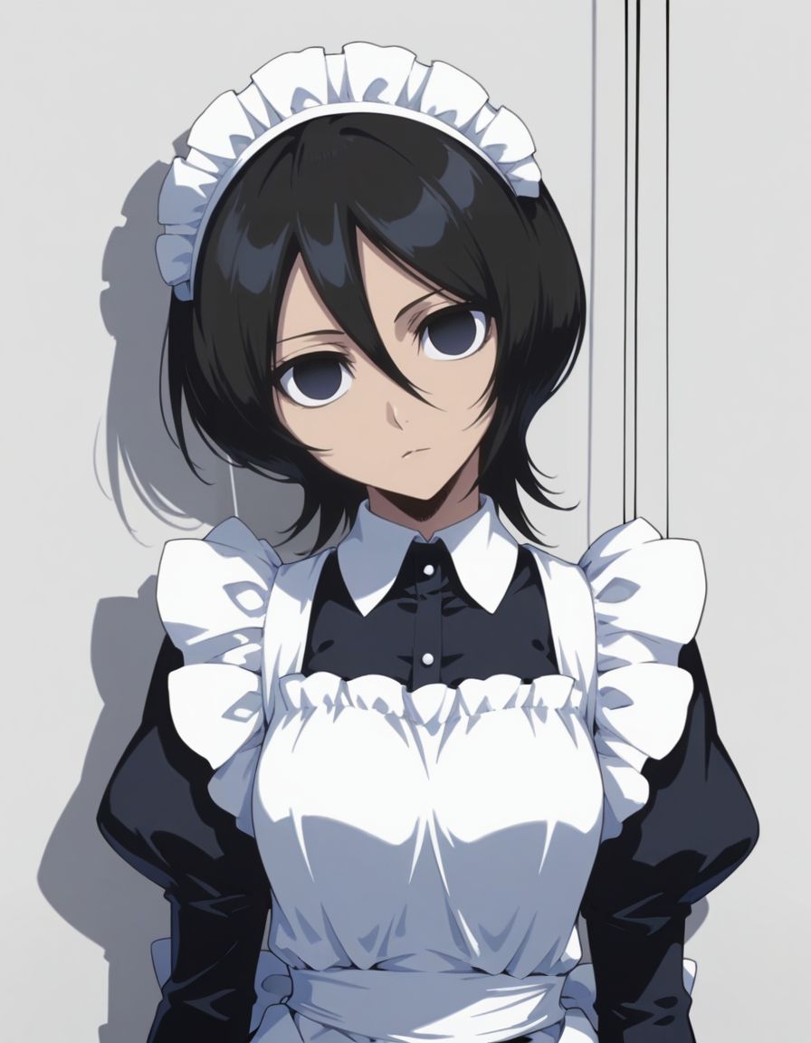masterpiece, best quality,  <lora:Mind_Controlled_Rukia:1>, 4ukia, short hair, black hair, dark blue eyes, expressionless, empty eyes, (head tilt, maid:1.2), upper body, arms at sides,  doll strings, puppeteering,