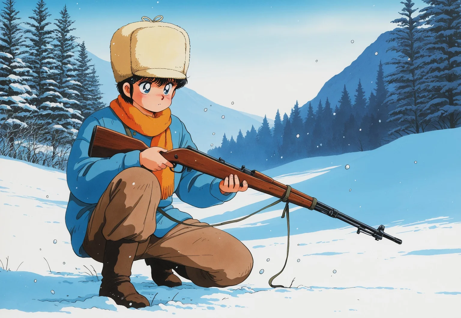 masterpiece, best quality, amazing quality, very aesthetic, absurdres, intricate details, vibrant colors, 1980s \(style\), traditional medium, male focus, Corio, 1boy, solo, short hair, fur hat, blue eyes, bangs, black hair, aged up, orange scarf, blue long sleeves, button, boots, brown long pants, a teen boy hunting in the snow, rifle, gun, hold, holding weapon, snow fall, stoic expression, scenery, innocence lost, detailed