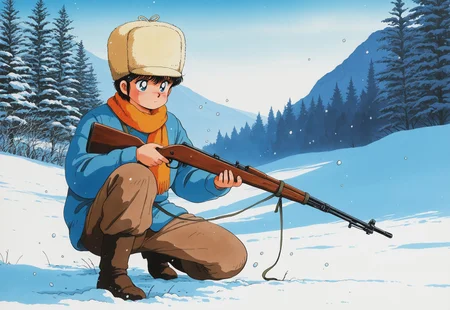 masterpiece, best quality, amazing quality, very aesthetic, absurdres, intricate details, vibrant colors, 1980s \(style\), traditional medium, male focus, Corio, 1boy, solo, short hair, fur hat, blue eyes, bangs, black hair, aged up, orange scarf, blue long sleeves, button, boots, brown long pants, a teen boy hunting in the snow, rifle, gun, hold, holding weapon, snow fall, stoic expression, scenery, innocence lost, detailed