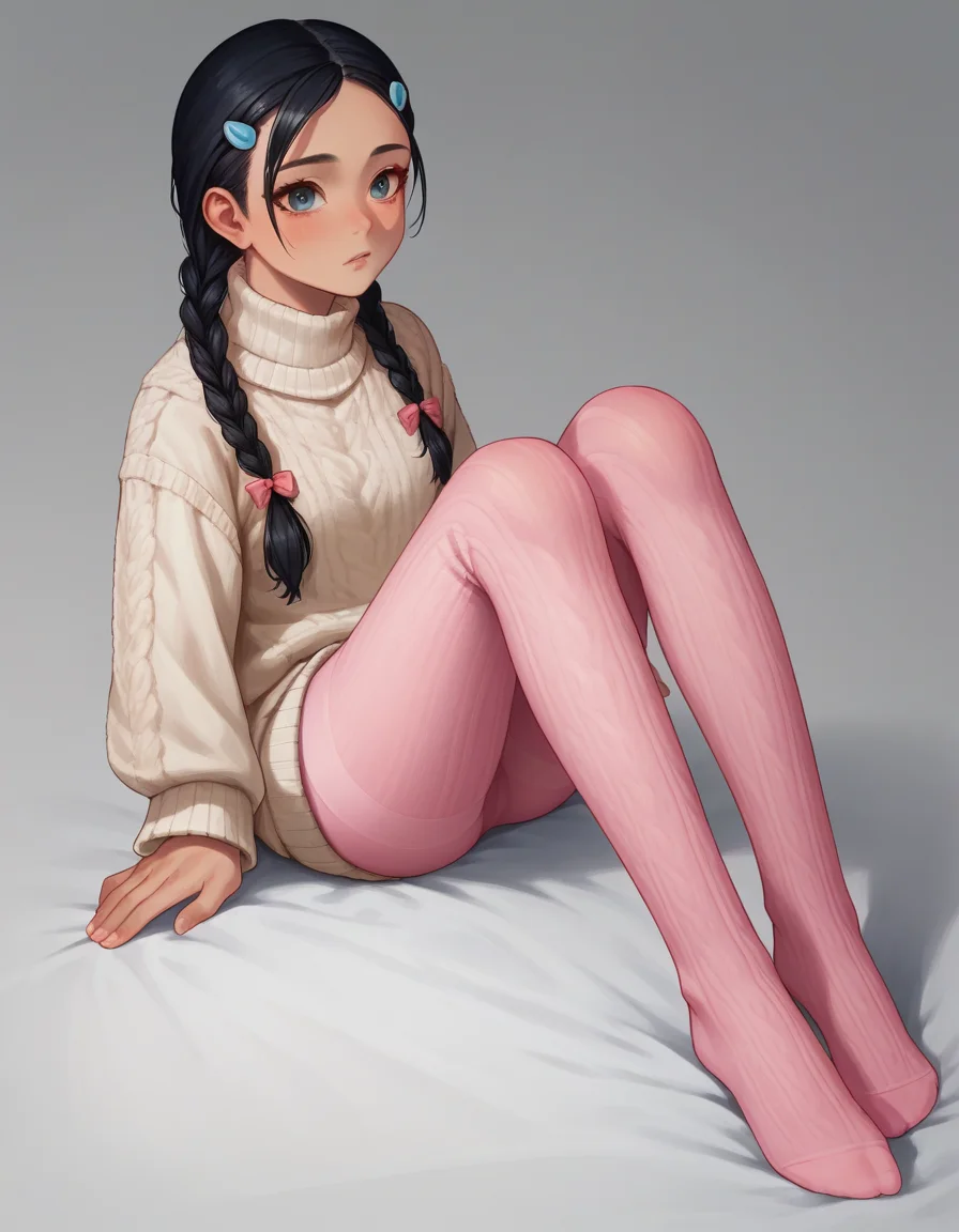 zPDXL, score_9, score_8_up, score_7_up, source_anime, 1girl, solo,
<lora:Cotton_v2:0.8> knit tights, pink legwear, no shoes, Candice, twin braids, black hair, sweater,