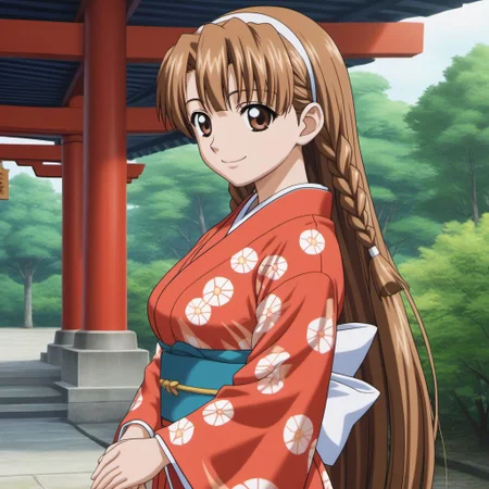 1girl,solo,masterpiece,best quality,good quality,newest,
outdoors,
closed mouth, smile, looking at viewer,
solo,medium breasts,
2000s (style),anime screencap,
karyuin_tomoe (kaen seibo: the virgin on megiddo),1girl,brown hair,hairband,braids sidelocks,long hair,brown eyes,very long hair,
long hair,brown eyes,own hands together,
standing, print_kimono,from side, looking at viewer, shinto shrine, tree, park,