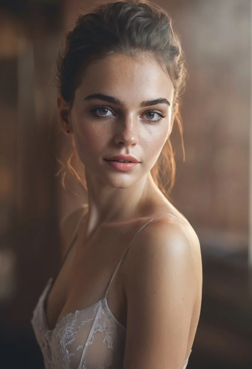 30yo American woman Ballet dancing.
Ballet pose.
Makeup. Clear skin. realistic skin style detailed skin pore.
Black dark very Long messy slick back stylish hair.
Shooting light, indoors, cable light
Ballet studio
Smiling, with mouth closed. Smirk.
Bokeh. Heavy Bokeh light. Artistic smoke color
Full body complete shot.
Tilt head, hand on hair. Shy.