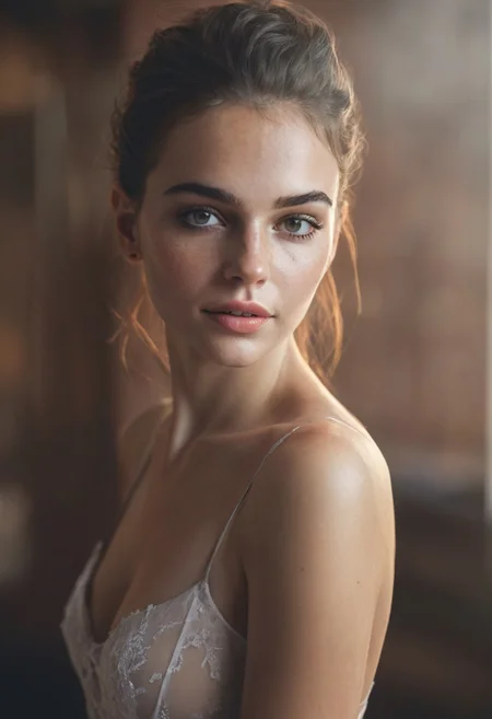 30yo American woman Ballet dancing.
Ballet pose.
Makeup. Clear skin. realistic skin style detailed skin pore.
Black dark very Long messy slick back stylish hair.
Shooting light, indoors, cable light
Ballet studio
Smiling, with mouth closed. Smirk.
Bokeh. Heavy Bokeh light. Artistic smoke color
Full body complete shot.
Tilt head, hand on hair. Shy.